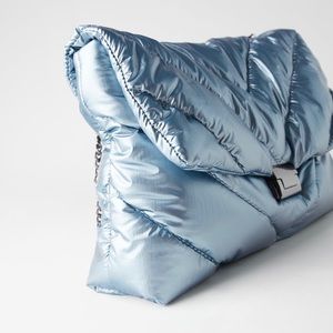 Zara Metallic Sky-Blue Quilted Puffer Crossbody Bag